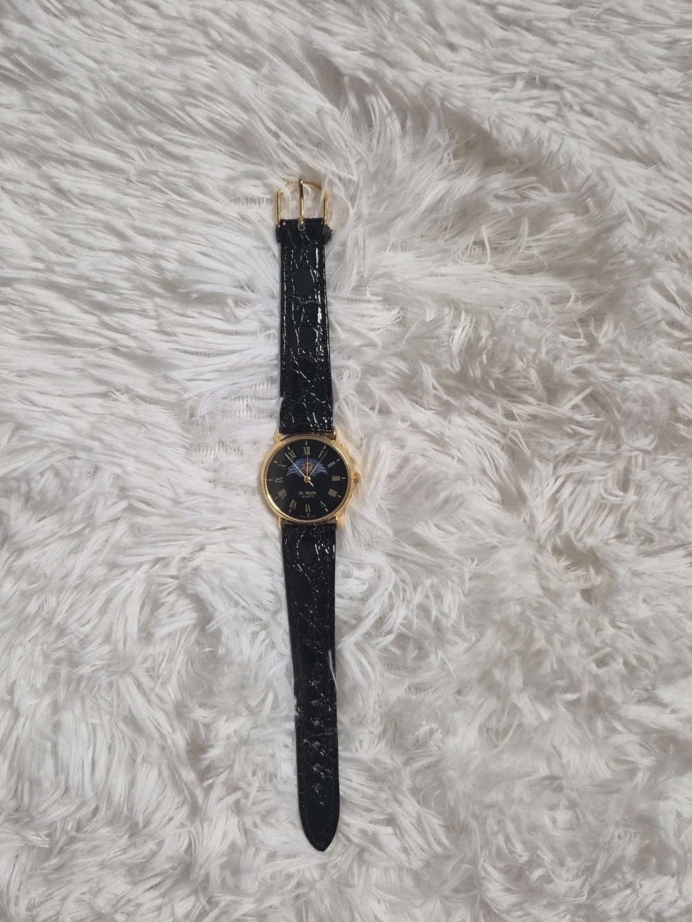 Vintage Watch St Marin Black Leather Band Umbrella Cut Out Sun Analog Quartz ✨️